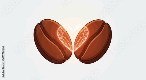 Two stylized coffee beans are positioned side-by-side, with a glowing, heart-shaped energy emanating from the space between them, suggesting warmth and connection.