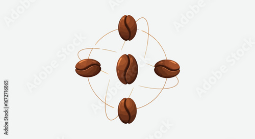 Stylized illustration of coffee beans arranged in a circular, orbital pattern around a central bean.