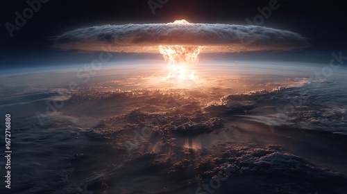 Aerial view of dramatic mushroom cloud explosion over earth atmosphere apocalypse nuclear bomb radiation war
