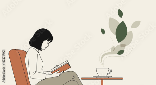 Illustration of a woman reading a book while sitting in a chair next to a table with a steaming cup, with plant-like steam rising.