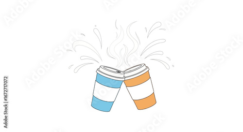 Two paper cups, one blue and one orange, are clinking together, creating a splash effect.