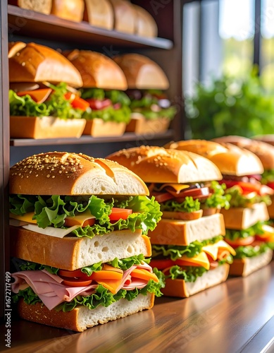 Display of various sandwiches on shelves