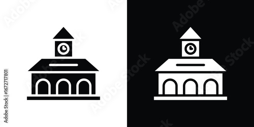 Train station building icon flat stock illustrations set