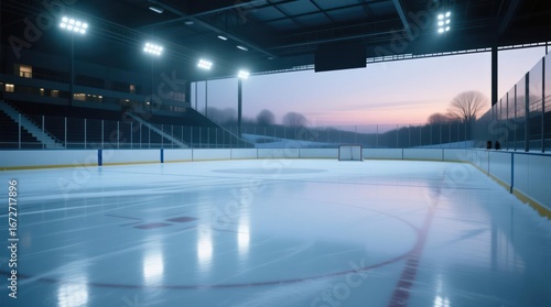 Wallpaper Mural Empty ice hockey rink at dawn.  Spacious indoor arena with a view of the winter landscape through the glass roof Torontodigital.ca