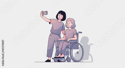 Joyful caregiver and elderly woman in wheelchair capture precious moment with a smiling selfie, embodying care and connection.