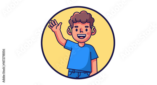 Friendly young boy waving hello with a cheerful smile, perfect for welcoming messages and positive engagement