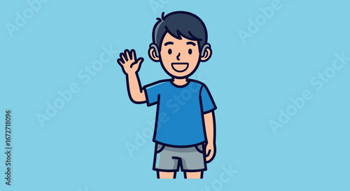 Friendly young boy waving hello with a cheerful smile, perfect for educational or welcoming content