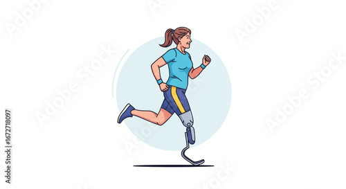 Determined woman with prosthetic leg runs powerfully, showcasing resilience and athletic achievement in a vibrant, active lifestyle