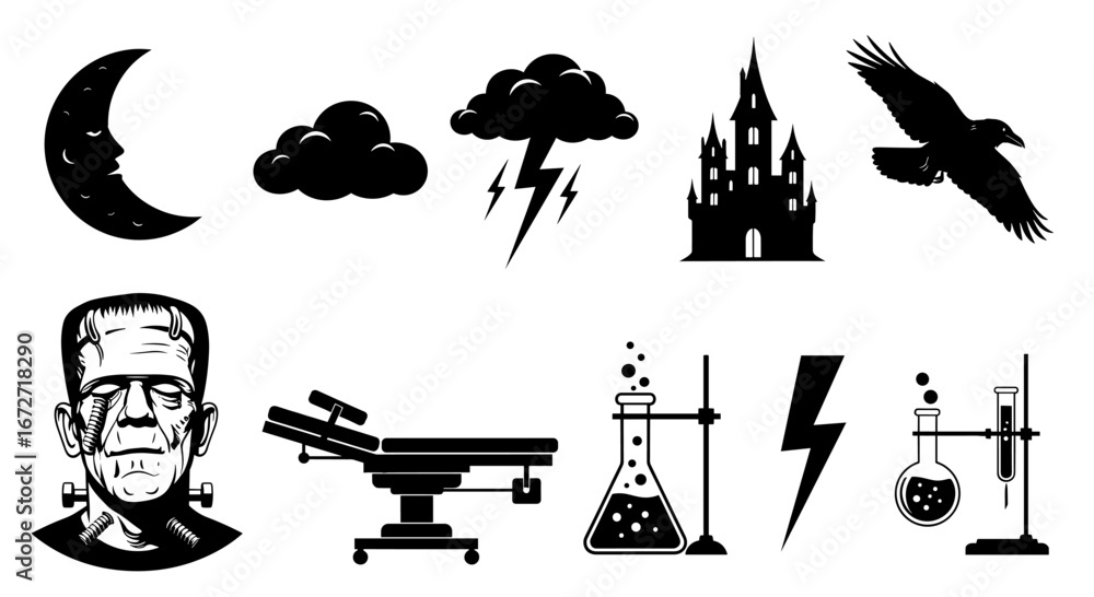 Fototapeta premium Halloween themed set of vector elements. Featuring silhouette of moon, cloud, thunder, castle, bird, monster, lab and thunderbolt symbols. 