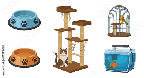 An illustration of a collection of pet supplies, including a cat tree, birdcage, fish tank, and food bowls.