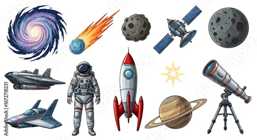 A collection of space-themed illustrations, featuring various celestial objects and elements like spaceship, astronaut, rocket and telescope