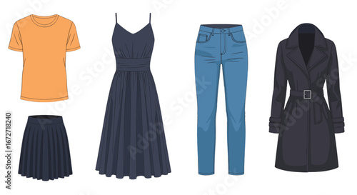 Assortment of different clothes, dress, skirt, jeans, T-shirt and overcoat illustration