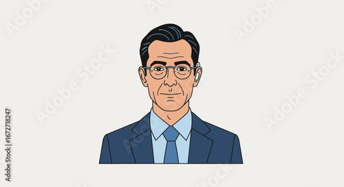 Professional businessman in stylish glasses and suit confidently communicating with wireless earbud, conveying expertise and modern business acumen.