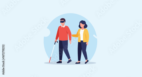Compassionate woman guides blind man with cane, symbolizing support, inclusion, and community care