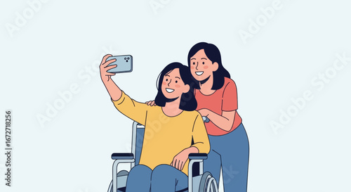 Two happy friends taking a selfie together, one sitting in a wheelchair, capturing a moment of connection and joy, perfect for lifestyle and inclusivity themes.