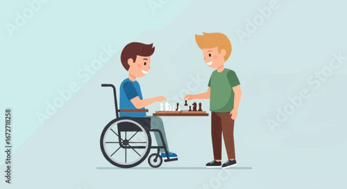 Joyful boys engage in friendly chess match, one in wheelchair, celebrating companionship and intellectual fun.