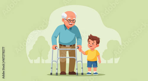 Loving grandson supports grandfather with walker, cherishing intergenerational moments in a park setting