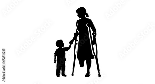 Empowered mother with crutches holding child's hand, symbolizing resilience and family strength in a loving embrace