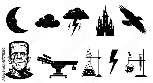 Halloween themed set of vector elements. Featuring silhouette of moon, cloud, thunder, castle, bird, monster, lab and thunderbolt symbols. 