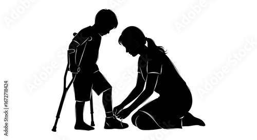 Caring mother helps her child with crutches tie shoelaces showing love and support for disability and recovery journey
