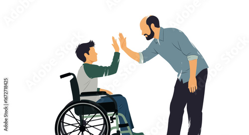 Inspiring bond between father and son celebrating success with a high five, symbolizing support and achievement for people with disabilities
