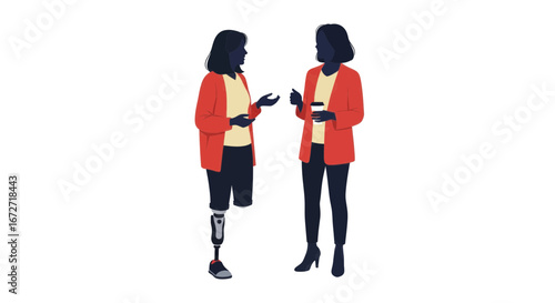 Two diverse businesswomen in conversation one with a prosthetic leg, discussing ideas over coffee in a modern office setting.