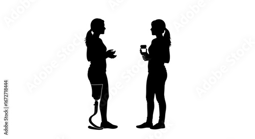 Empowered women connect and chat, one with a prosthetic leg, embodying inclusivity and modern resilience