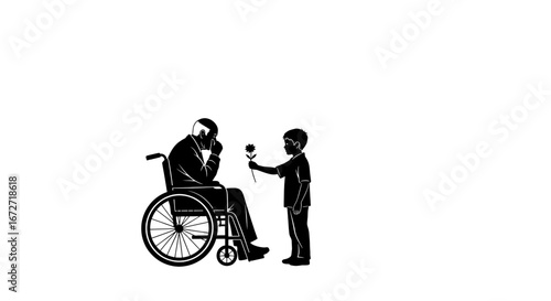 Young boy offers a thoughtful flower to an elderly man in a wheelchair, symbolizing hope and connection
