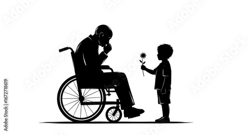 Heartwarming moment child offers flower to person in wheelchair symbolizing hope compassion and connection