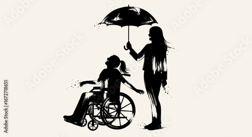 Caring adult shields happy child in wheelchair under umbrella, symbolizing protection, support, and inclusivity with artistic flair.
