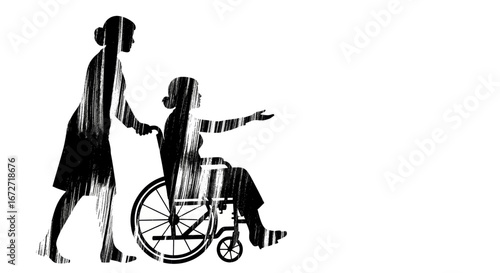 Caring caregiver assists person in wheelchair, conveying support and compassion with textured silhouette style