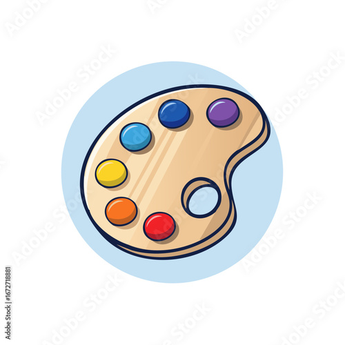 Artist's wooden paint palette with colorful dots and circular blue background