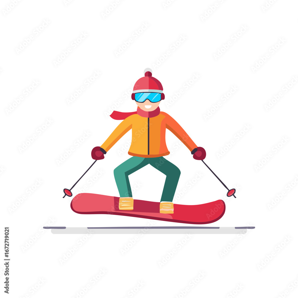 Obraz premium Cheerful Snowboarder Enjoying Winter Sport Downhill in Full Gear with Poles in Hand