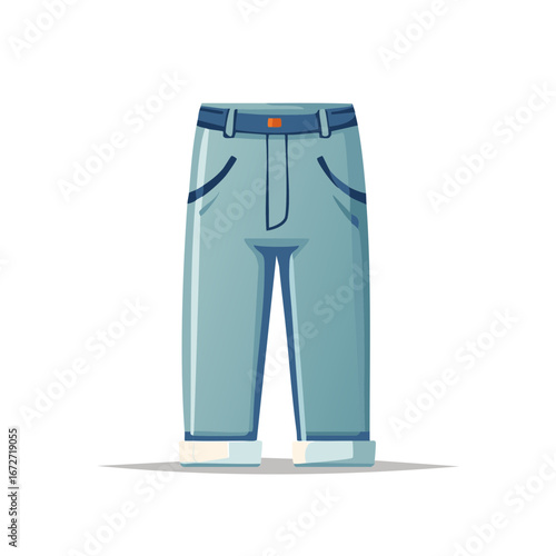 Fashionable jeans illustration with a belt, pockets, and rolled-up hems in a clean vector style