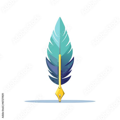 Decorative Quill Pen Illustration in Blue and Gold with Feather Details and Ink Nib Point