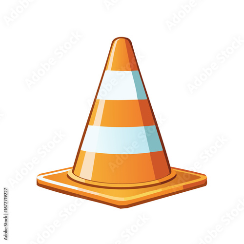 Traffic cone illustration with orange and white stripes, safety symbol, square base, isolated