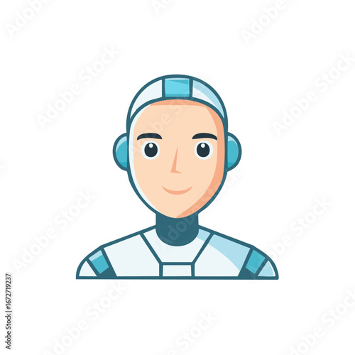 Stylized Cartoon Robot Head and Shoulders Illustration Wearing White Blue Outfit