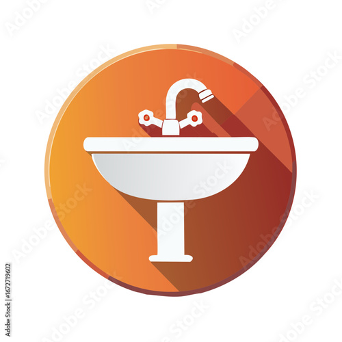 Clean white basin with faucet and knobs inside an orange and red circular graphic with shadow.