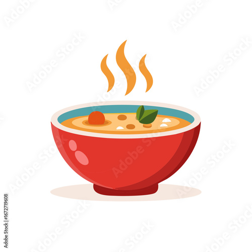 Bowl of hot soup with steam and fresh herbs in a red bowl. Delicious hearty meal.