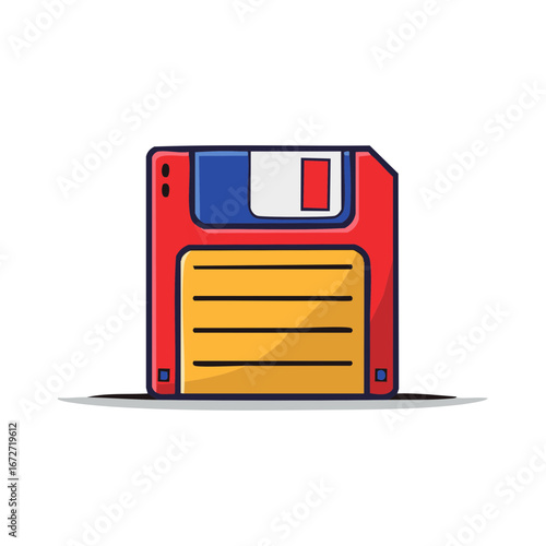 Colorful illustration of a floppy disk. Retro tech icon
