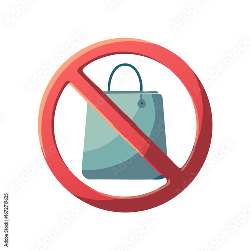 No Shopping Prohibition Sign With Red Circle and Slash Over Teal Shopping Bag