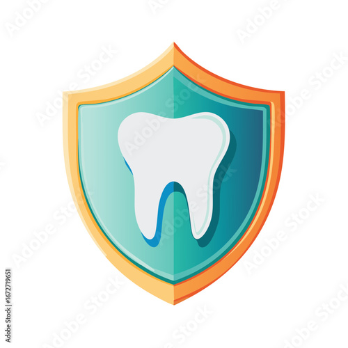 Dental Health: Protective shield icon with white tooth inside, depicting dental care, hygiene and security in blue and gold colors.