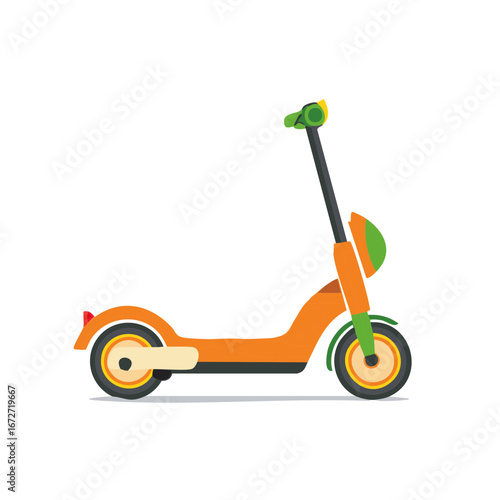 Modern orange electric scooter with green accents and a black handlebar on white