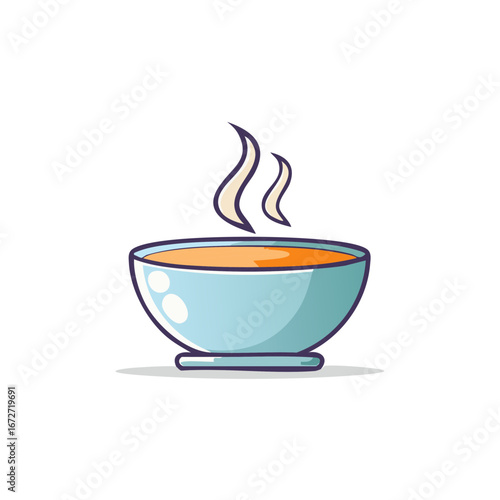 Illustration of a steaming bowl of soup with a whimsical cartoon style and light blue bowl