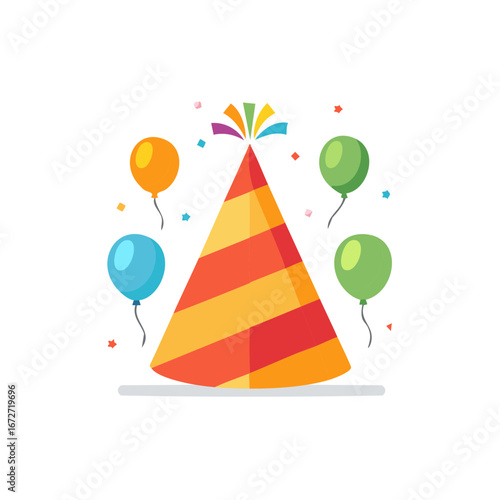 Celebration party hat with colorful confetti and balloons for festive birthday or holiday event