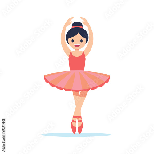 Joyful young ballerina dancer performs graceful ballet pose in pink tutu