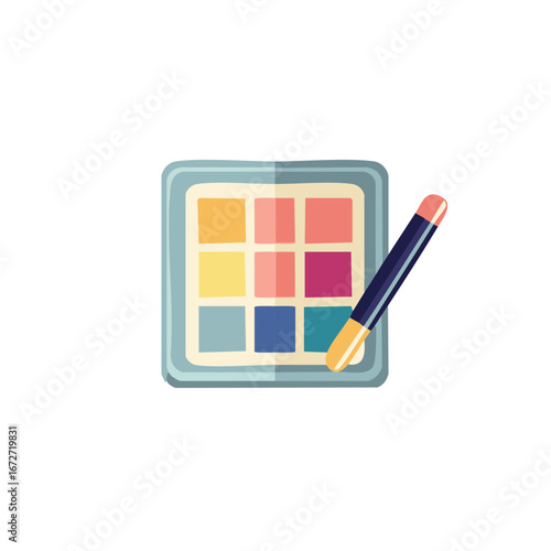 Cosmetic eyeshadow palette with applicator offers an array of colors for eye makeup applications and beauty