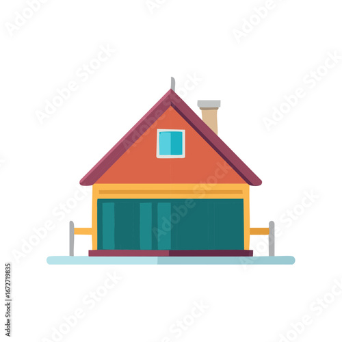 Charming flat illustration of a cozy house with a gambrel roof and garage doors
