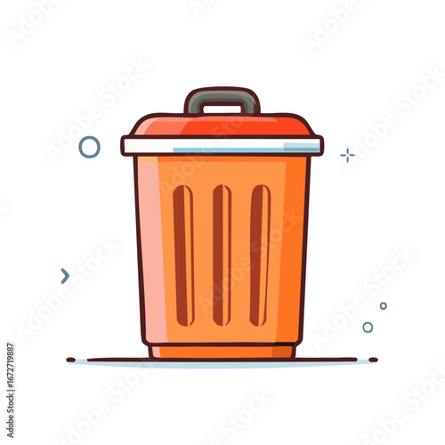 Stylized Orange Rubbish Bin with Red Lid and Handle Flat Design Vector Graphic