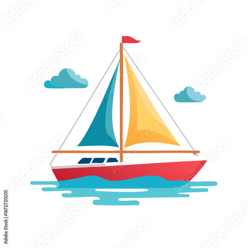 Colorful Cartoon Sailboat on Water with Clouds Nautical Vessel Vector Illustration